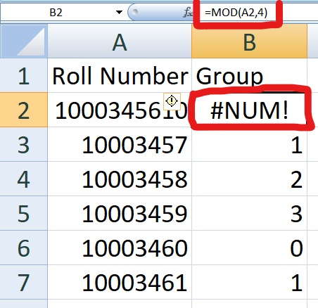 MOD formula number error