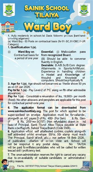 JOB OPPORTUNITY at SAINIK SCHOOL TILAIYA 